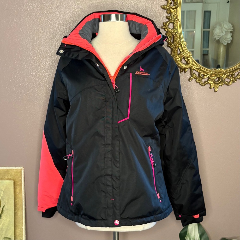 Phibee Skiwear Women's L Ski Jacket Black Pink‎ Waterproof Insulated Snowboard